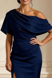 Navy Mermaid Asymmetrical Neck Long Mother of the Bride Dress with Slit