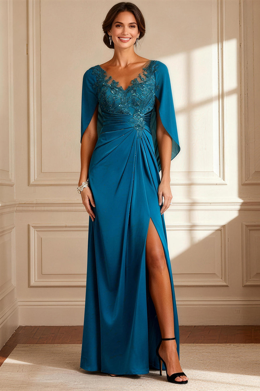 Sparkly Peacock Blue V-Neck Long Mother of the Bride Dress with Beading