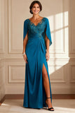 Sparkly Peacock Blue V-Neck Long Mother of the Bride Dress with Beading