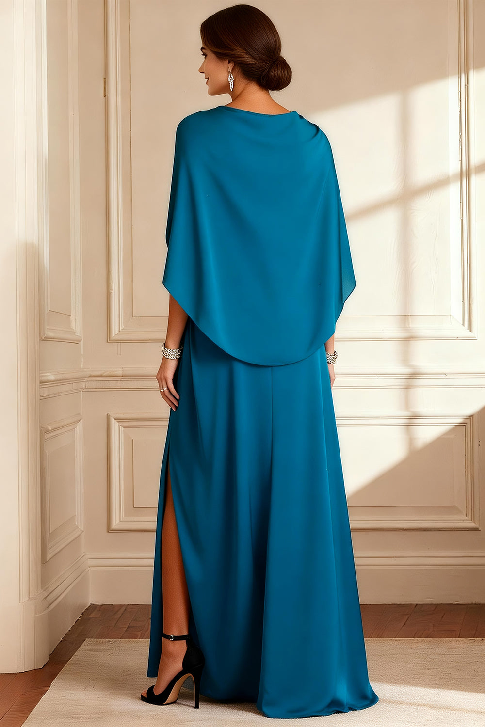 Sparkly Peacock Blue V-Neck Long Mother of the Bride Dress with Beading