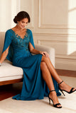 Sparkly Peacock Blue V-Neck Long Mother of the Bride Dress with Beading