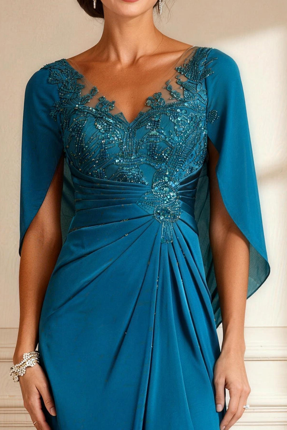 Sparkly Peacock Blue V-Neck Long Mother of the Bride Dress with Beading