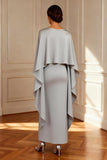 Grey Satin Sheath Boat Neck Long Mother of the Bride Dress with Cape