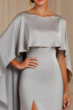 Grey Satin Sheath Boat Neck Long Mother of the Bride Dress with Cape