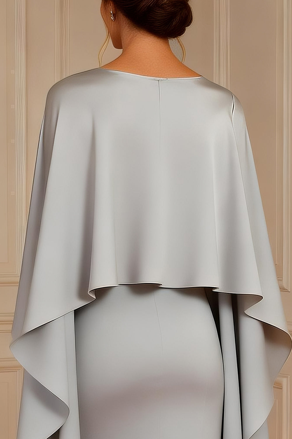 Grey Satin Sheath Boat Neck Long Mother of the Bride Dress with Cape