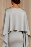 Grey Satin Sheath Boat Neck Long Mother of the Bride Dress with Cape