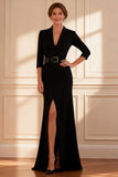 Black Mermaid V-Neck Long Mother of the Bride Dress with Belt