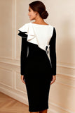 Black and White Pencil Ruffled Midi Mother of the Bride Dress with Sleeves