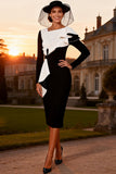Black and White Pencil Ruffled Midi Mother of the Bride Dress with Sleeves