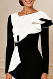 Black and White Pencil Ruffled Midi Mother of the Bride Dress with Sleeves