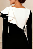 Black and White Pencil Ruffled Midi Mother of the Bride Dress with Sleeves