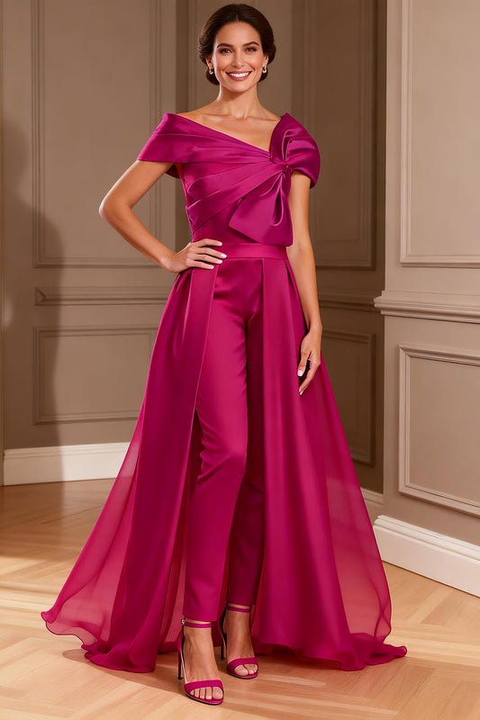 Fuchsia Asymmetrical Neck Ruched Long Mother of the Bride Jumpsuits with Cape