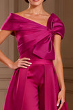 Fuchsia Asymmetrical Neck Ruched Long Mother of the Bride Jumpsuits with Cape