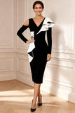Black and White Bodycon V-Neck Midi Mother of the Bride Dress with Ruffles