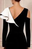 Black and White Bodycon V-Neck Midi Mother of the Bride Dress with Ruffles