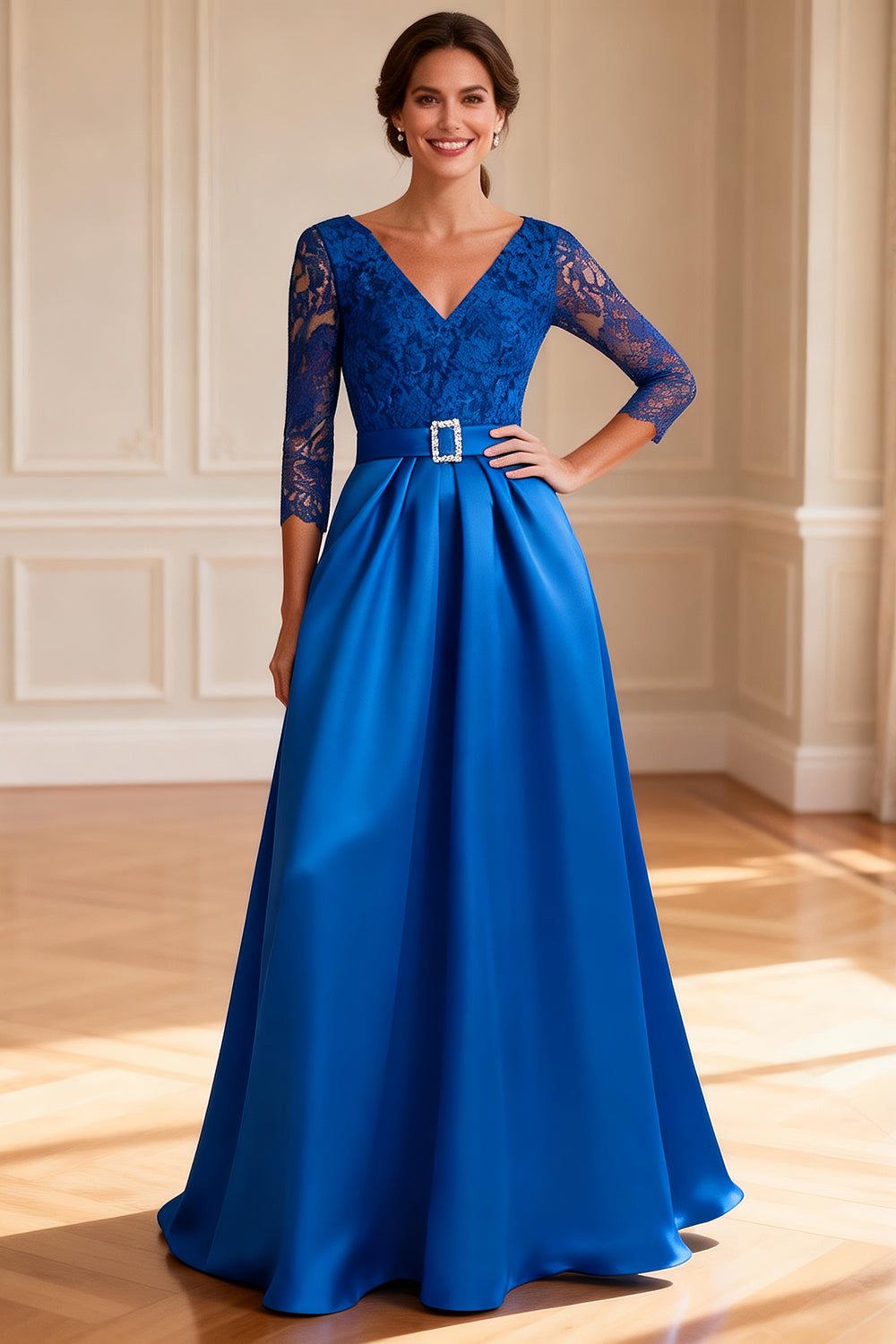 Sparkly Royal Blue A Line V-Neck Long Mother of the Bride Dress with Lace