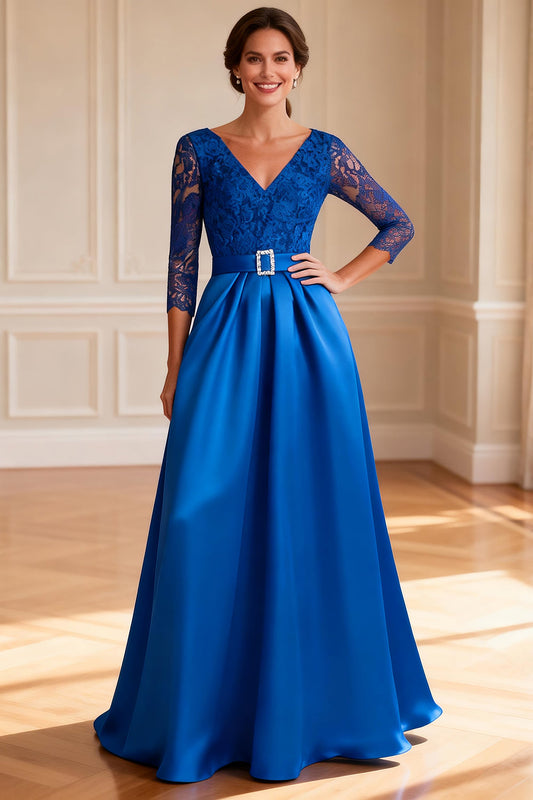 Sparkly Royal Blue A Line V-Neck Long Mother of the Bride Dress with Lace