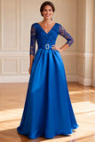 Sparkly Royal Blue A Line V-Neck Long Mother of the Bride Dress with Lace