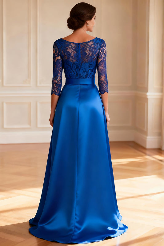 Sparkly Royal Blue A Line V-Neck Long Mother of the Bride Dress with Lace