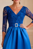 Sparkly Royal Blue A Line V-Neck Long Mother of the Bride Dress with Lace