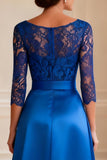 Sparkly Royal Blue A Line V-Neck Long Mother of the Bride Dress with Lace