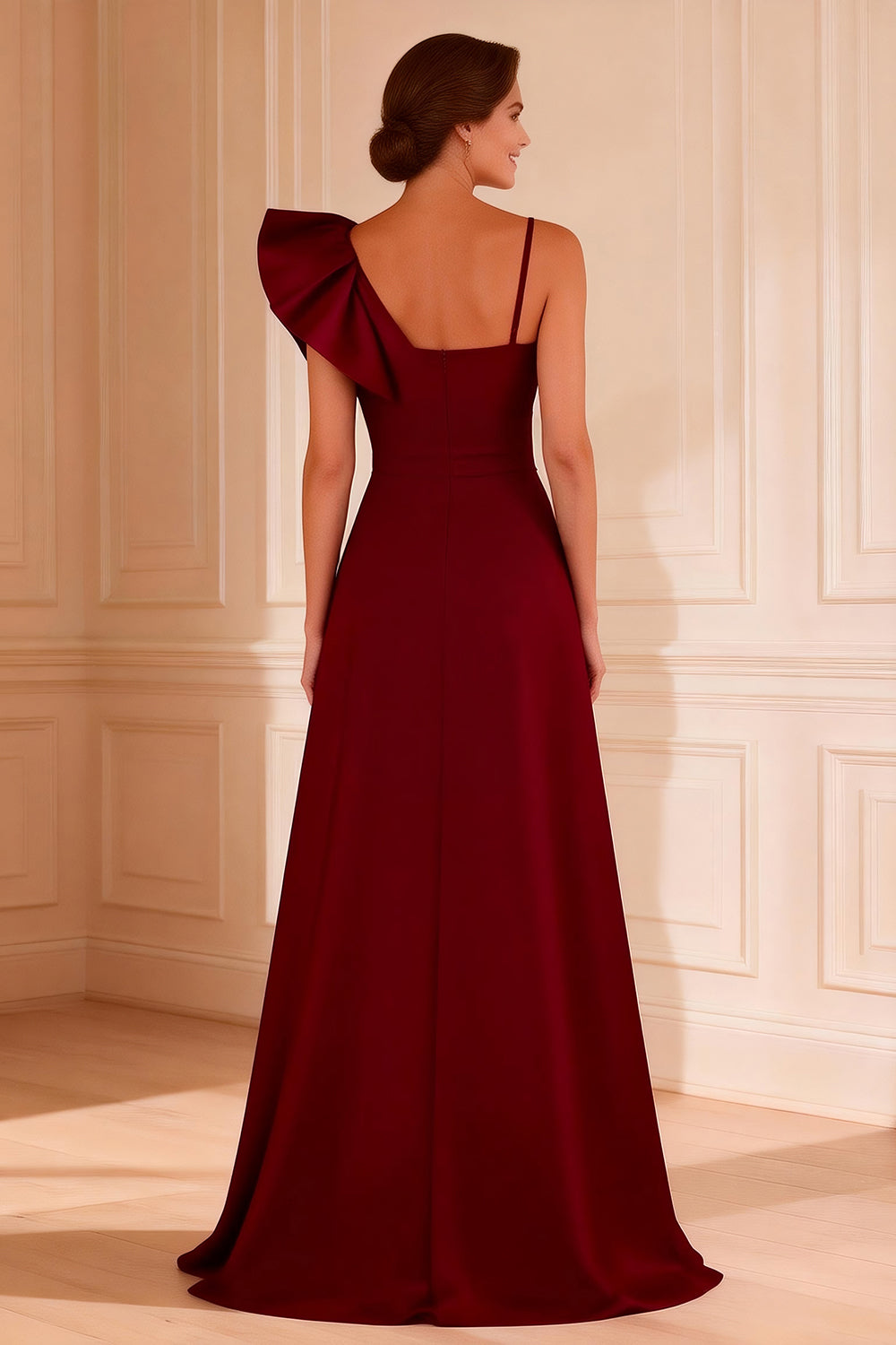Burgundy Ruffled A Line Satin Long Mother of the Bride Dress