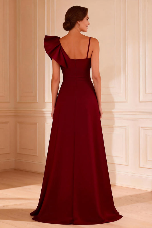 Burgundy Ruffled A Line Satin Long Mother of the Bride Dress
