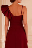 Burgundy Ruffled A Line Satin Long Mother of the Bride Dress
