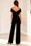 Black Asymmetrical Neck Satin Long Mother of the Bride Jumpsuits with Bows