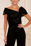 Black Asymmetrical Neck Satin Long Mother of the Bride Jumpsuits with Bows