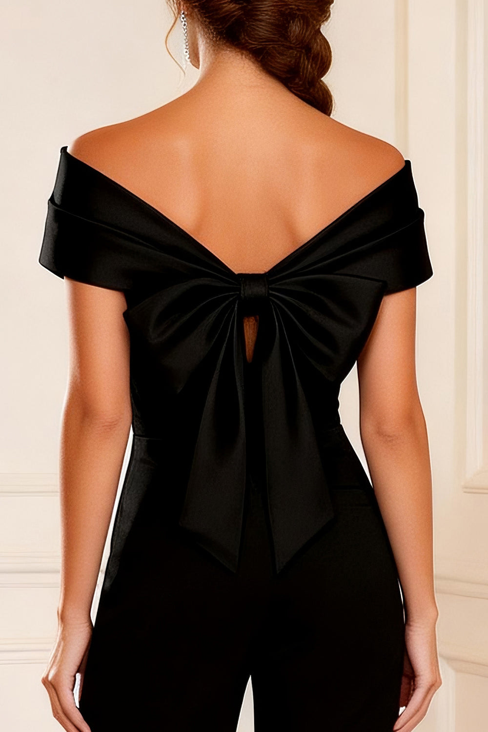Black Asymmetrical Neck Satin Long Mother of the Bride Jumpsuits with Bows