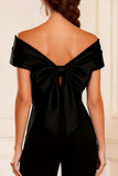 Black Asymmetrical Neck Satin Long Mother of the Bride Jumpsuits with Bows