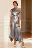Silver Pleated Metallic Asymmetrical Neck Long Mother of the Bride Dress