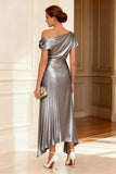 Silver Pleated Metallic Asymmetrical Neck Long Mother of the Bride Dress