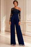 Sparkly Navy Lace Long Mother of the Bride Jumpsuits with Beading