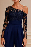 Sparkly Navy Lace Long Mother of the Bride Jumpsuits with Beading