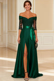Dark Green Off the Shoulder A Line Long Mother of the Bride Dress with Lace