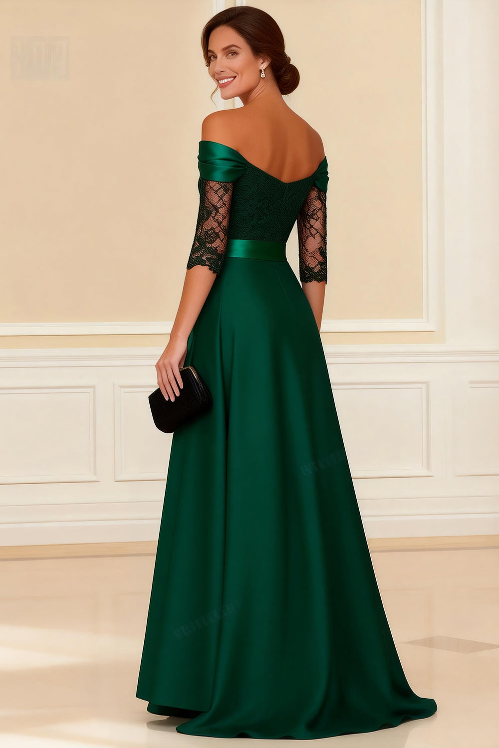 Dark Green Off the Shoulder A Line Long Mother of the Bride Dress with Lace