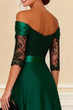 Dark Green Off the Shoulder A Line Long Mother of the Bride Dress with Lace