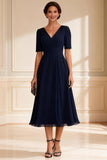 Navy V-Neck A-Line Midi Mother of the Bride Dress with Sleeves