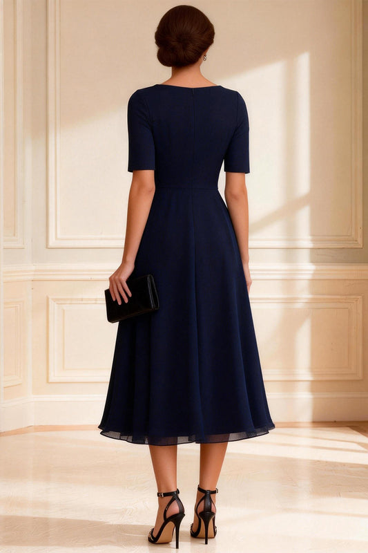 Navy V-Neck A-Line Midi Mother of the Bride Dress with Sleeves