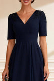 Navy V-Neck A-Line Midi Mother of the Bride Dress with Sleeves