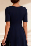 Navy V-Neck A-Line Midi Mother of the Bride Dress with Sleeves