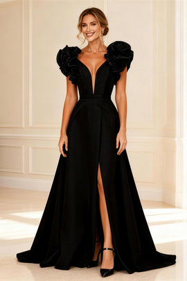 Black Ruffled V-Neck A-Line Long Mother of the Bride Dress with Slit