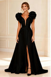 Black Ruffled V-Neck A-Line Long Mother of the Bride Dress with Slit