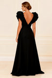 Black Ruffled V-Neck A-Line Long Mother of the Bride Dress with Slit