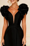 Black Ruffled V-Neck A-Line Long Mother of the Bride Dress with Slit
