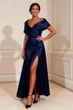 Navy Satin A Line Off the Shoulder Long Mother of the Bride Dress with Slit