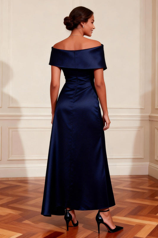 Navy Satin A Line Off the Shoulder Long Mother of the Bride Dress with Slit