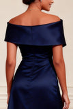Navy Satin A Line Off the Shoulder Long Mother of the Bride Dress with Slit